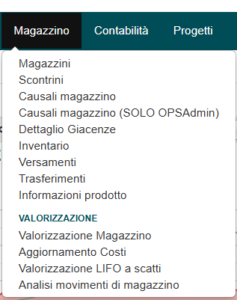 Il menu del Magazzino